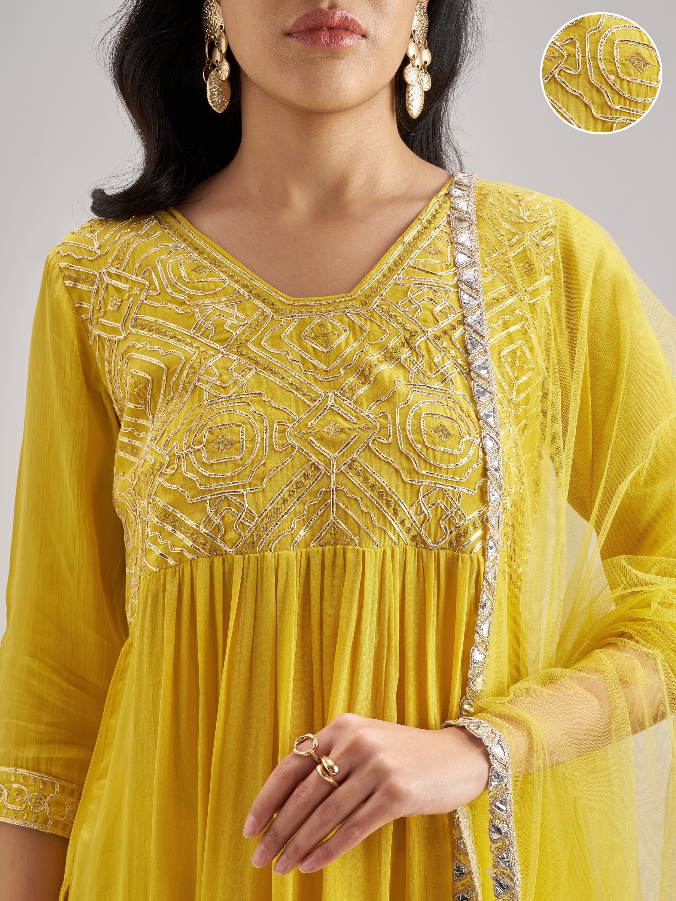 Vishudh Women Yellow Embroidered Kurta With Trouser And Dupatta - Yellow - Image 5