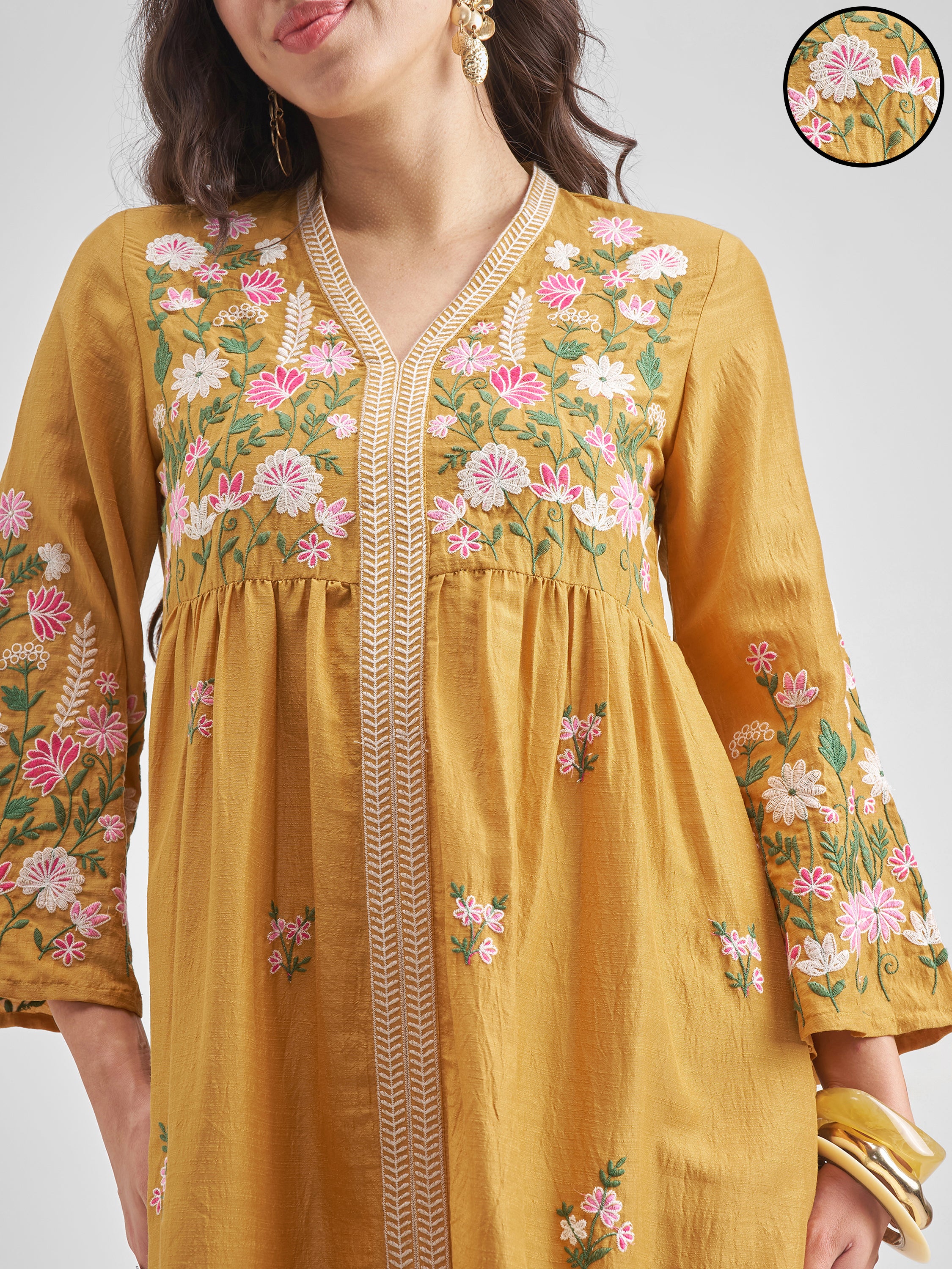 Vishudh Women Mustard Embroidered Kurta With Trouser - Mustard - Image 5