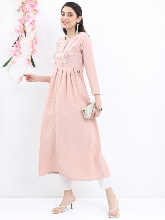 Vishudh Women Beige Embroidered A-Line Kurta - Beige - Image 1