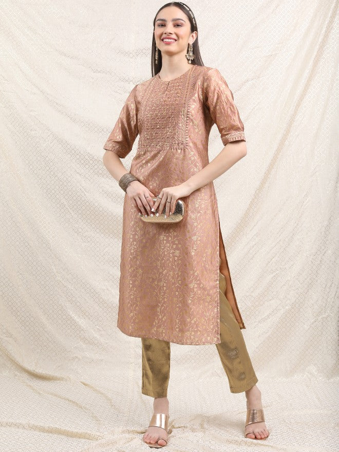 Vishudh Women Rose Embroidered Straight Kurta - Rose - Image 1