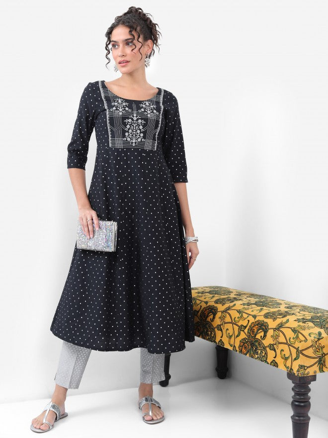 Vishudh Women Black Printed A-Line Kurta - Black - Image 1
