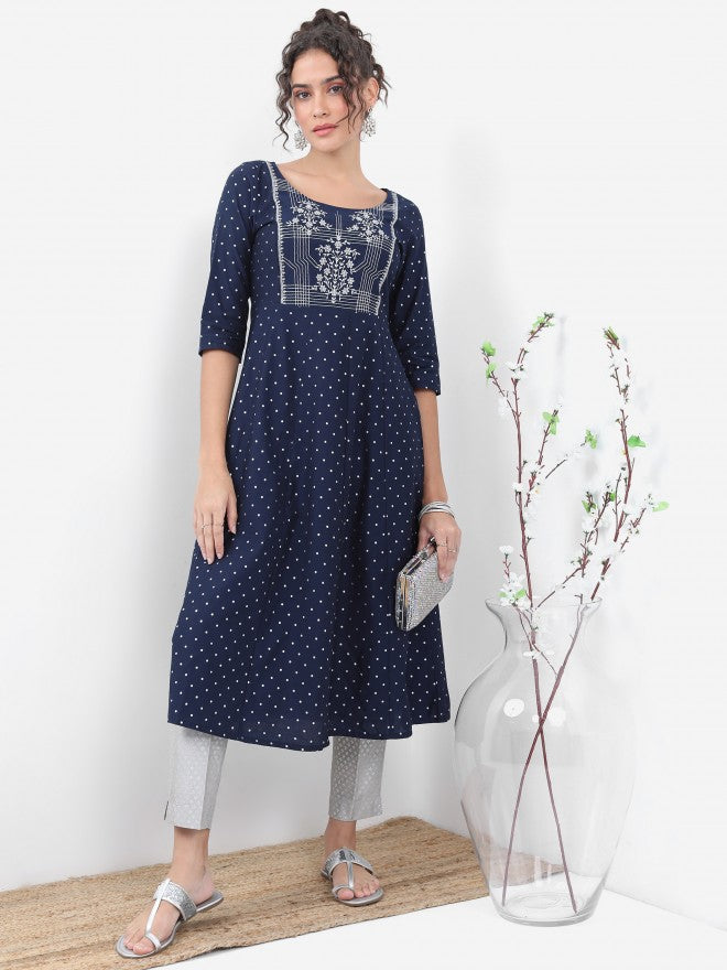 Vishudh Women Navy Blue Printed A-Line Kurta - Navy Blue - Image 1