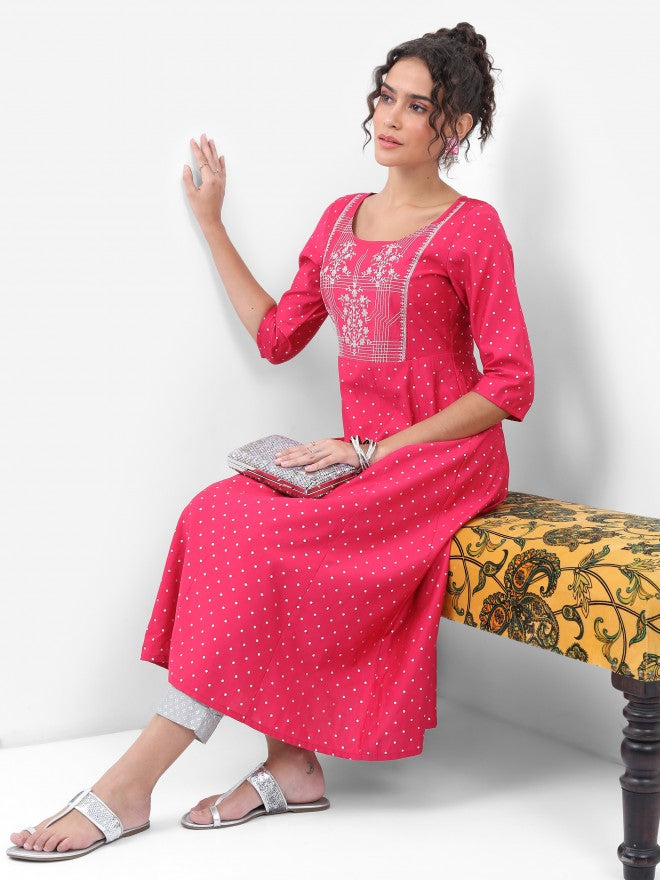 Vishudh Women Pink Printed A-Line Kurta - Pink - Image 1
