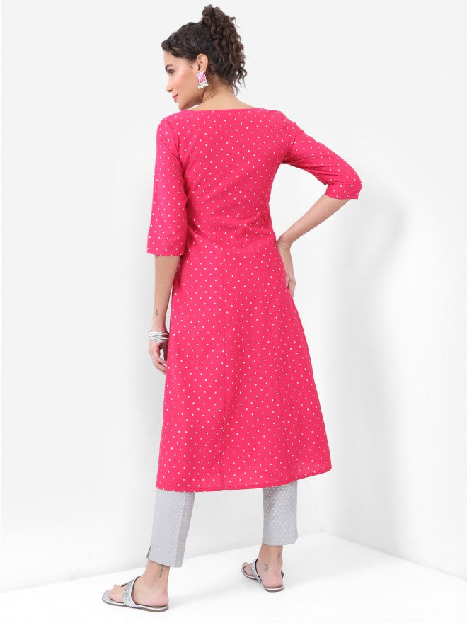 Vishudh Women Pink Printed A-Line Kurta - Pink - Image 3