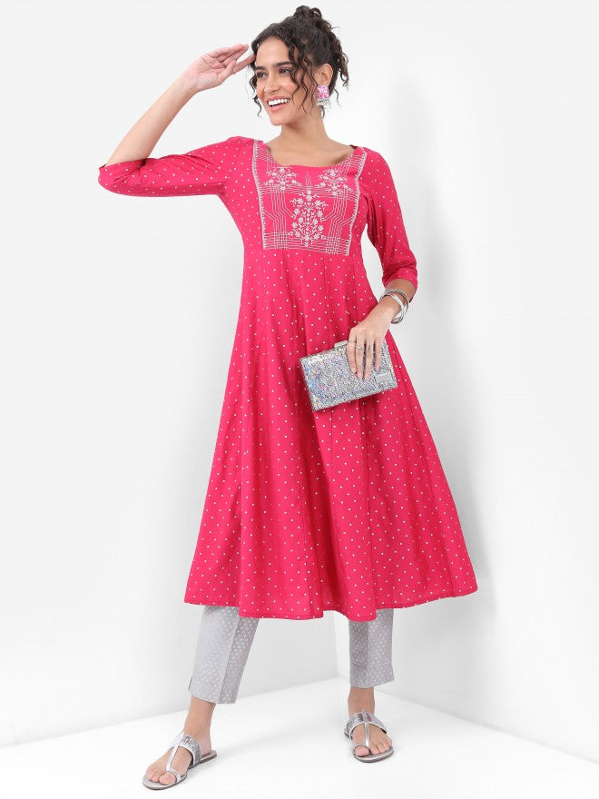 Vishudh Women Pink Printed A-Line Kurta - Pink - Image 4