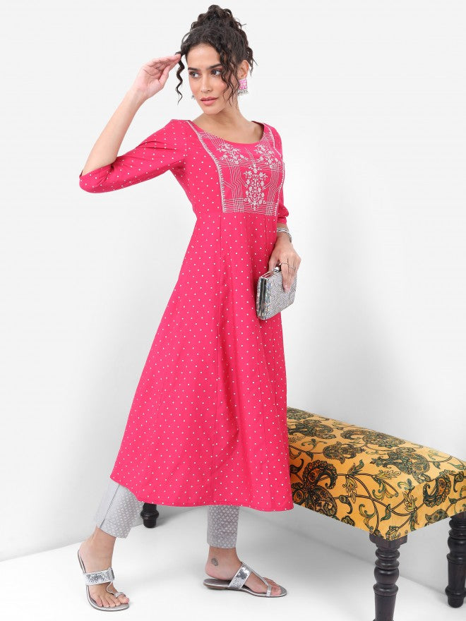 Vishudh Women Pink Printed A-Line Kurta - Pink - Image 6