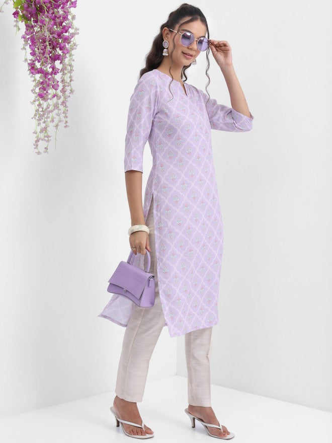 Vishudh Women Lavender Printed Straight Kurta - Lavender - Image 1