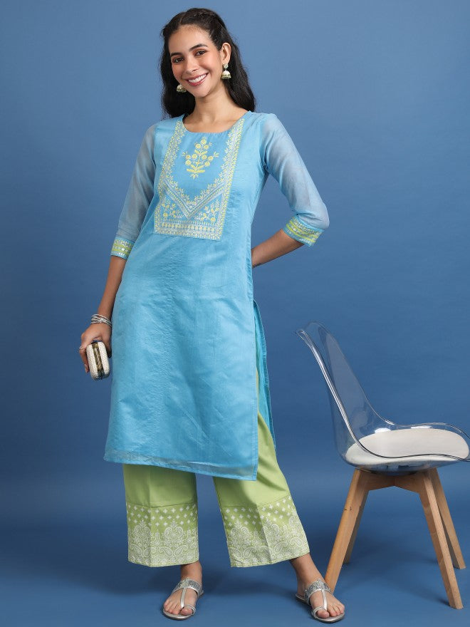 Vishudh Women Blue Printed Straight Kurta - Blue - Image 1