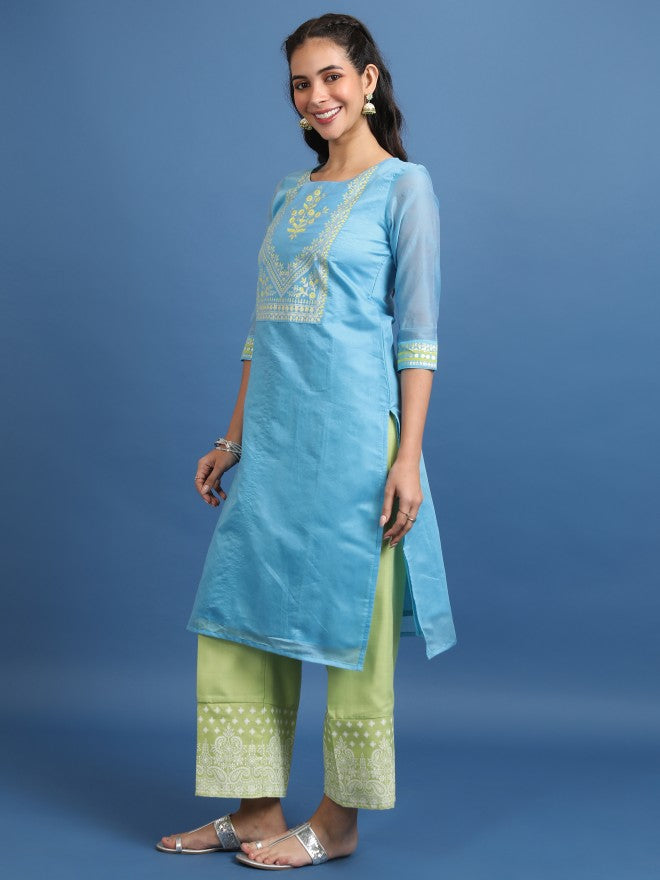 Vishudh Women Blue Printed Straight Kurta - Blue - Image 2