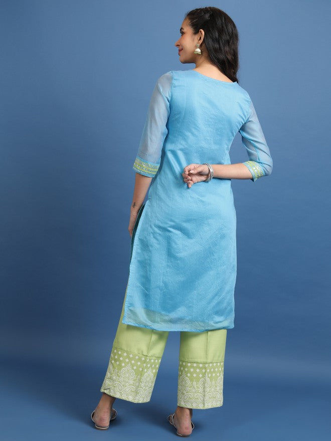 Vishudh Women Blue Printed Straight Kurta - Blue - Image 3