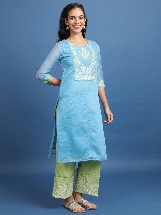 Vishudh Women Blue Printed Straight Kurta - Blue - Image 4