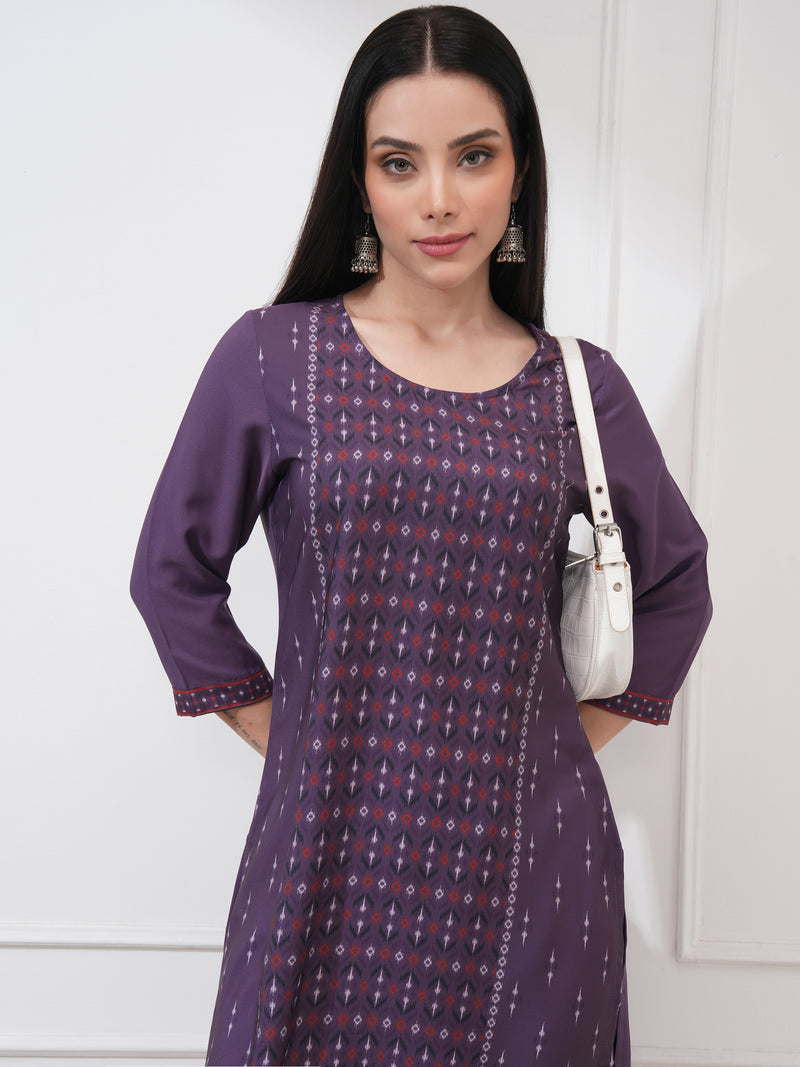 Vishudh Women Purple Printed Straight Kurta - Purple - Image 1