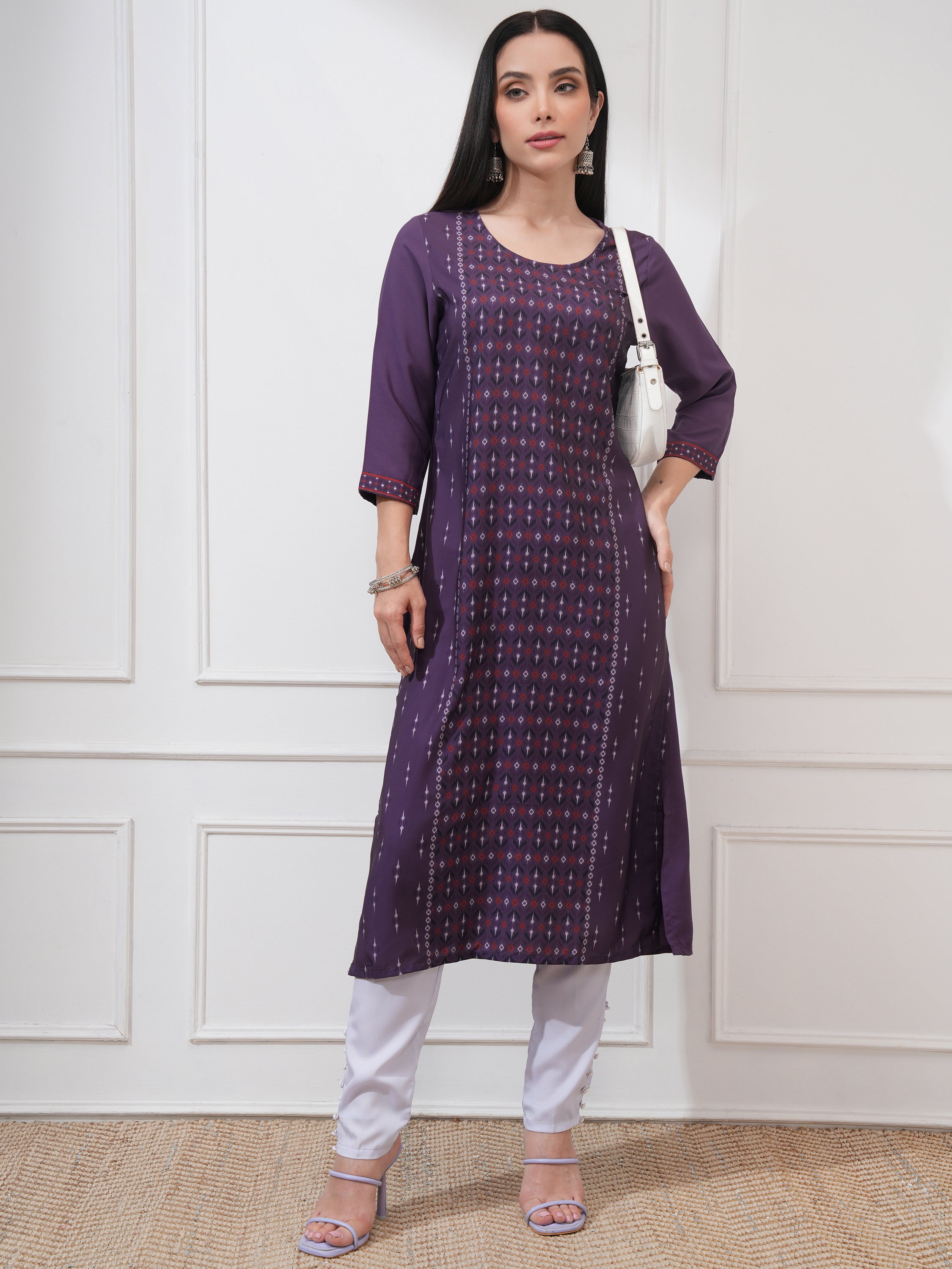 Vishudh Women Purple Printed Straight Kurta - Purple - Image 2