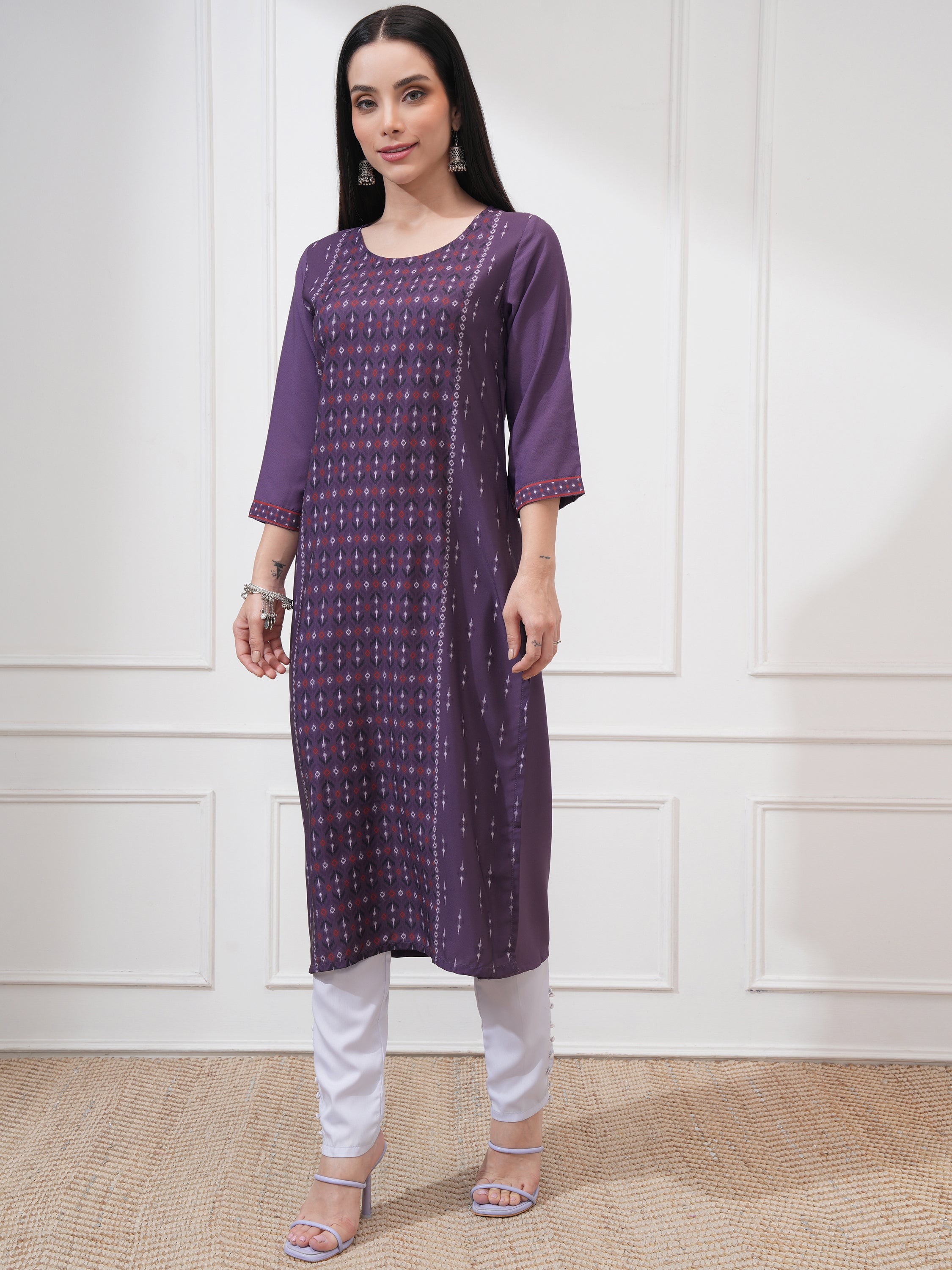 Vishudh Women Purple Printed Straight Kurta - Purple - Image 4