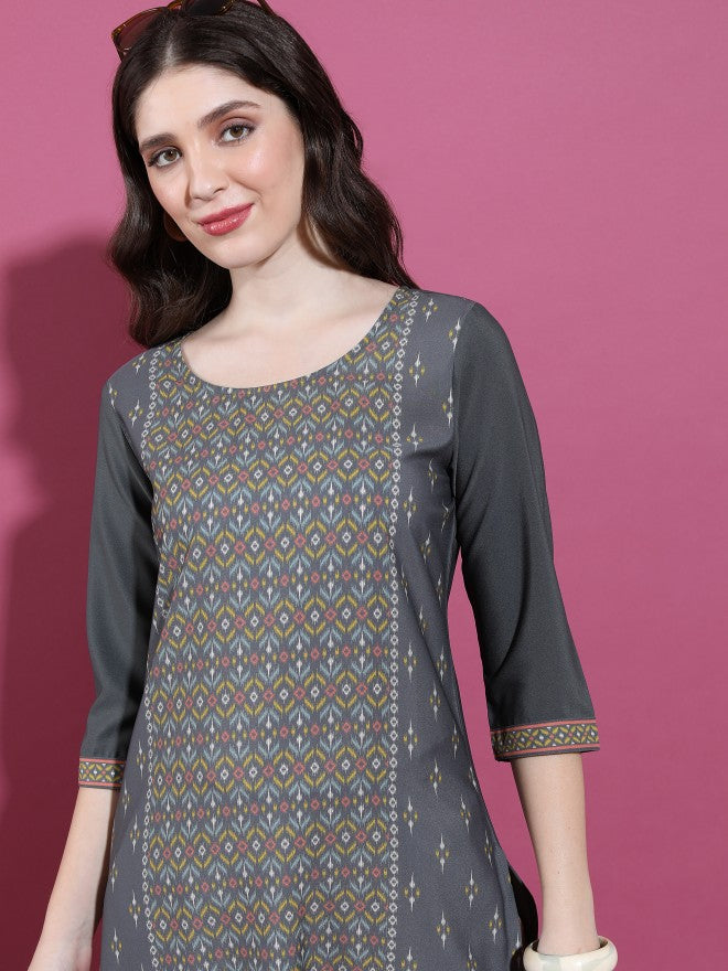 Vishudh Women Charcoal Printed Straight Kurta - Charcoal - Image 5