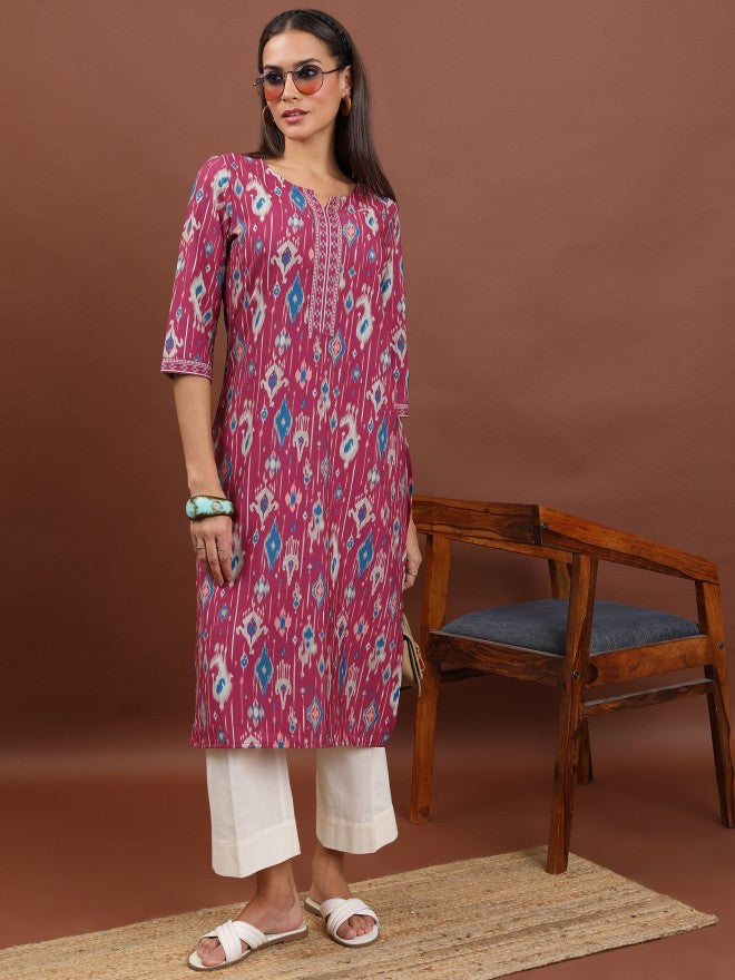 Vishudh Women Magenta Printed Straight Kurta - Magenta - Image 1