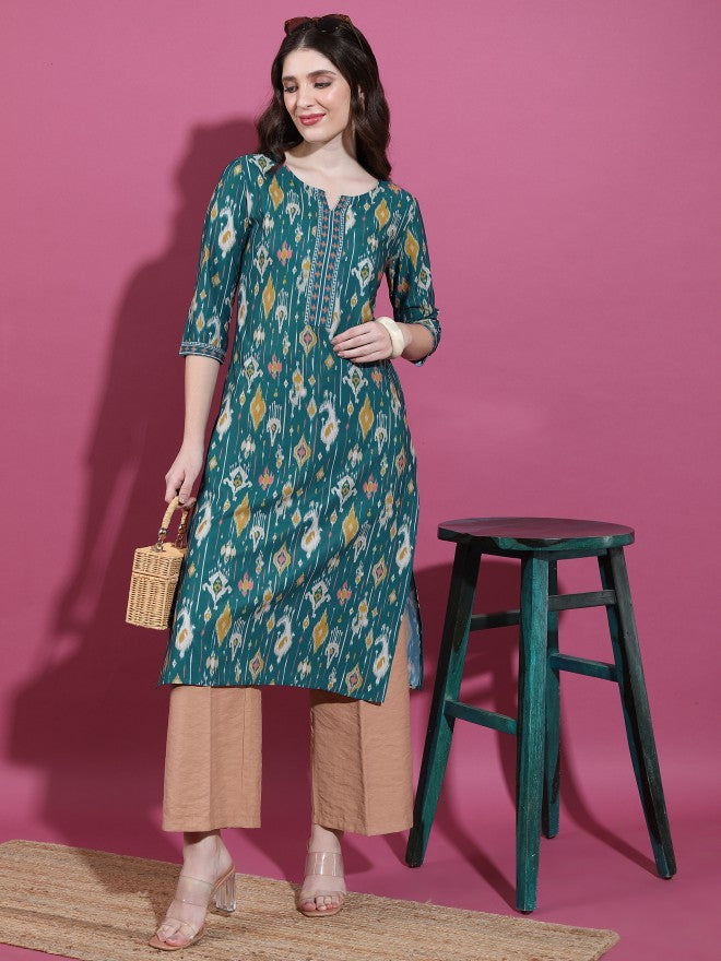 Vishudh Women Green Printed Straight Kurta - Green - Image 1