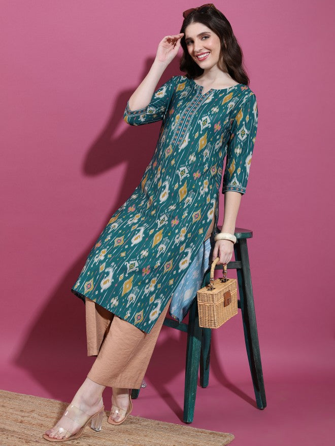 Vishudh Women Green Printed Straight Kurta - Green - Image 2