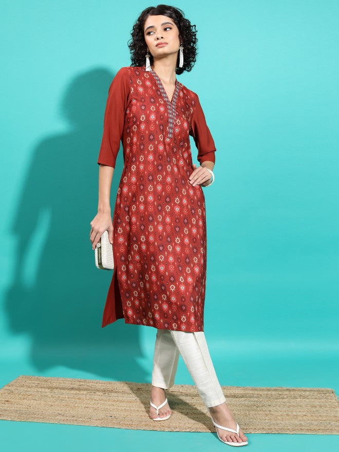 Vishudh Women Rust Printed Straight Kurta - Rust - Image 1