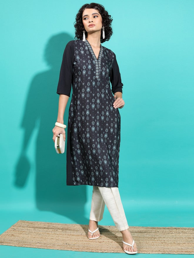 Vishudh Women Black Printed Straight Kurta - Black - Image 1