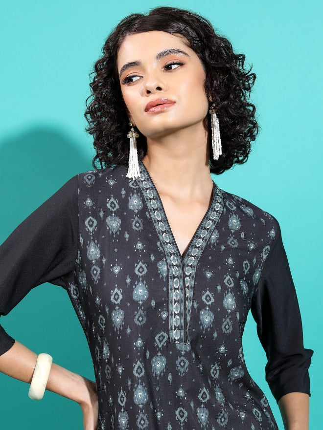 Vishudh Women Black Printed Straight Kurta - Black - Image 2