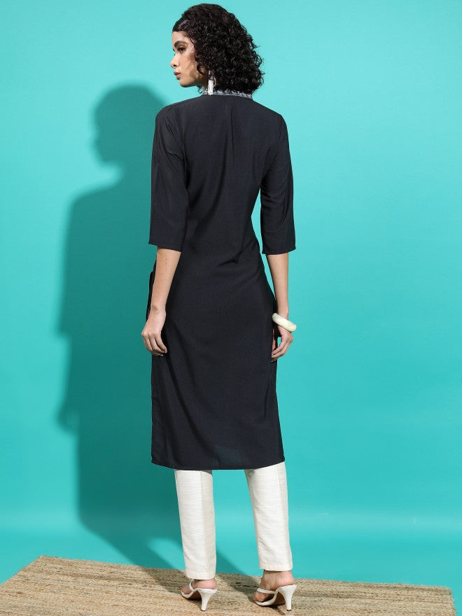 Vishudh Women Black Printed Straight Kurta - Black - Image 3