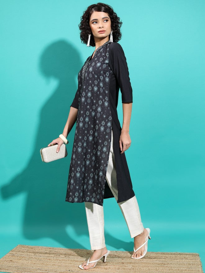 Vishudh Women Black Printed Straight Kurta - Black - Image 4