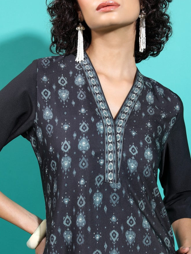 Vishudh Women Black Printed Straight Kurta - Black - Image 5