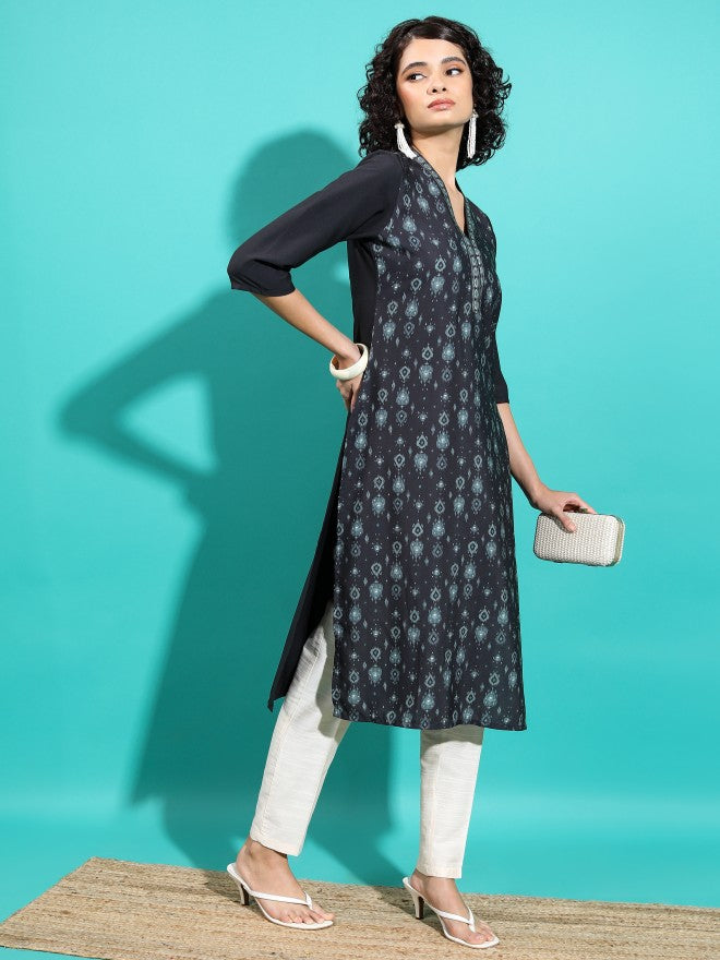 Vishudh Women Black Printed Straight Kurta - Black - Image 6