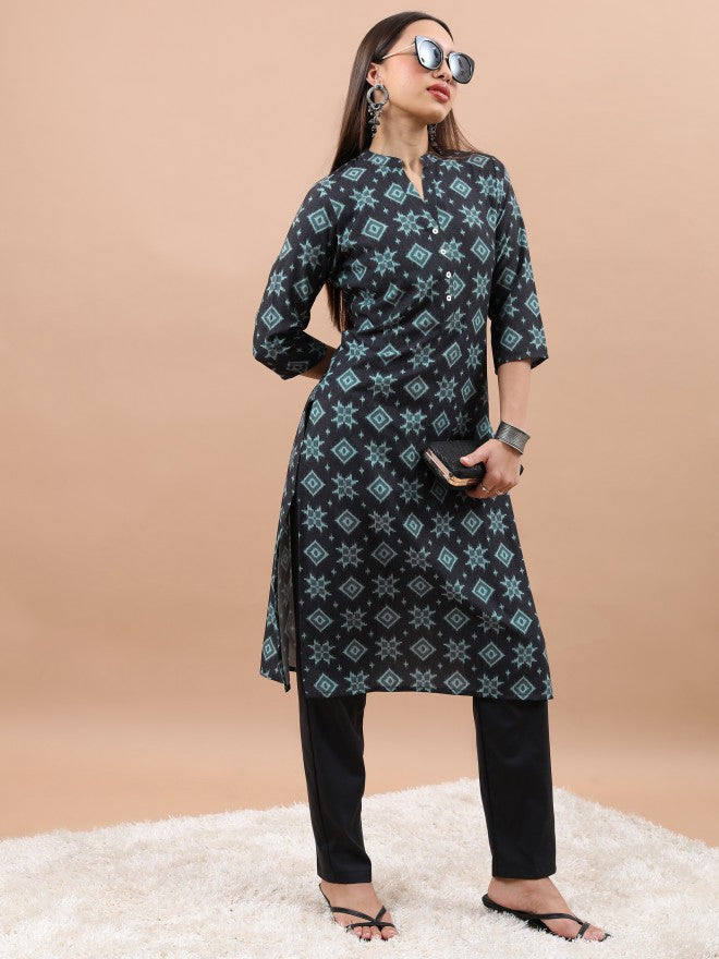 Vishudh Women Black Printed Straight Kurta - Black - Image 1