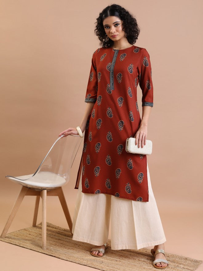 Vishudh Women Rust Printed Straight Kurta - Rust - Image 1