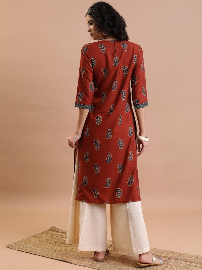Vishudh Women Rust Printed Straight Kurta - Rust - Image 3