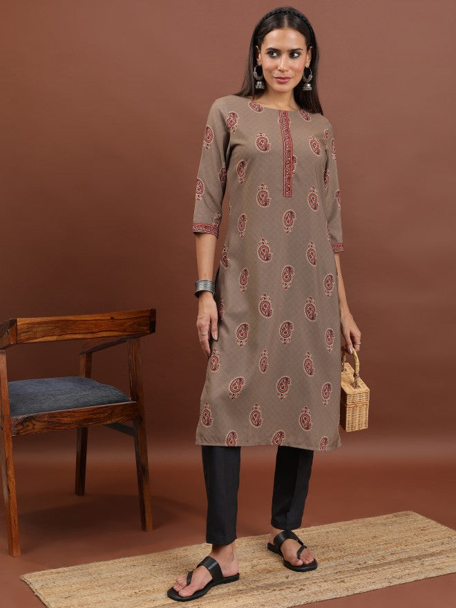 Vishudh Women Beige Printed Straight Kurta - Beige - Image 1