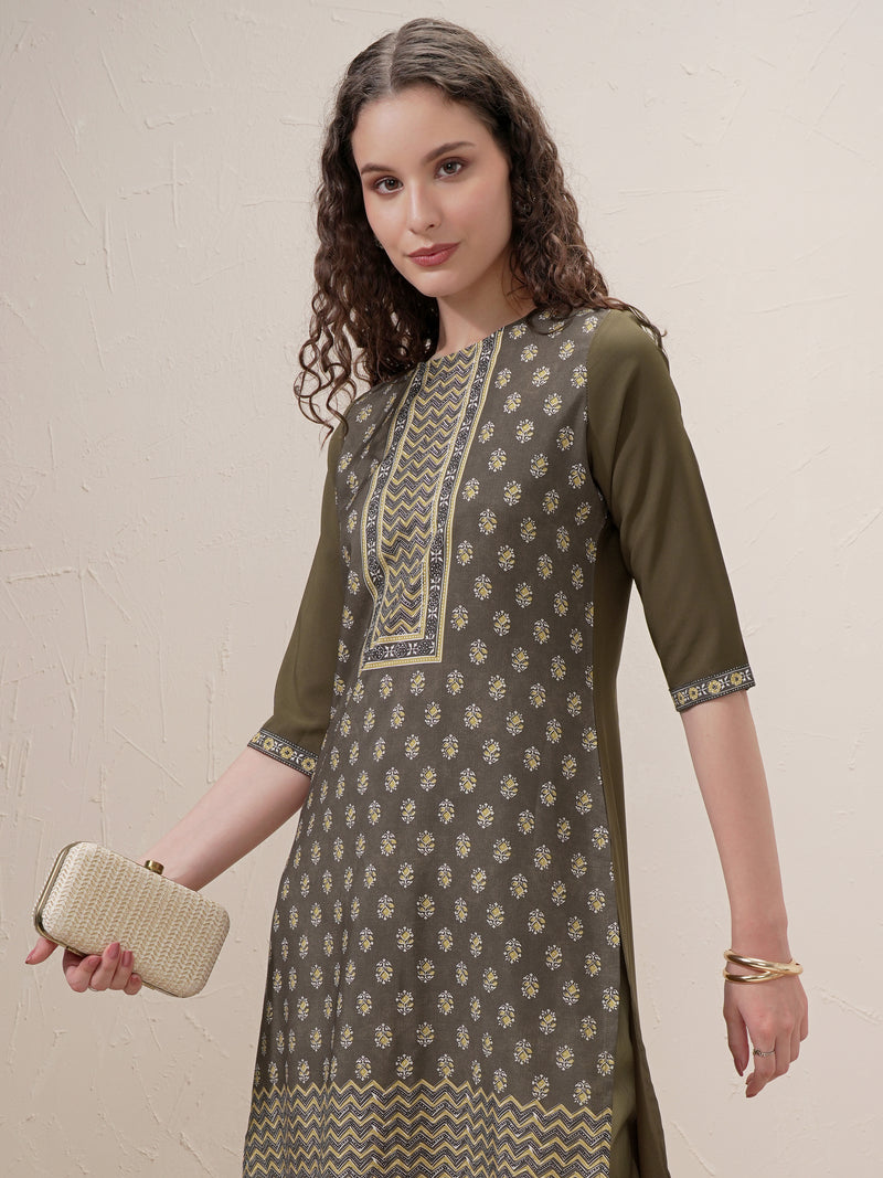 Vishudh Women Green Printed Straight Kurta - Green - Image 1