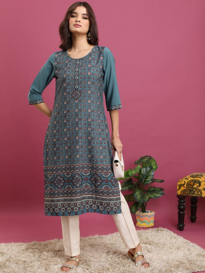 Vishudh Women Teal Printed Straight Kurta - Teal - Image 1