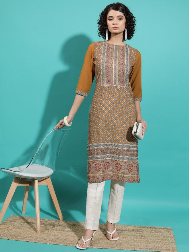 Vishudh Women Rust Printed Straight Kurta - Rust - Image 1