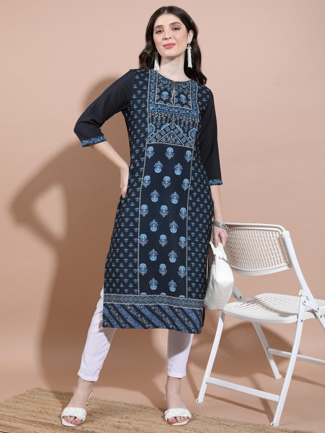 Vishudh Women Navy Blue Printed Straight Kurta - Navy Blue - Image 1