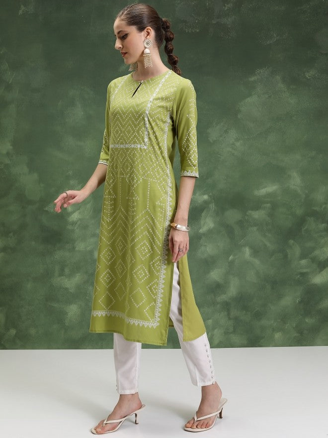 Vishudh Women Green Printed Straight Kurta - Green - Image 2