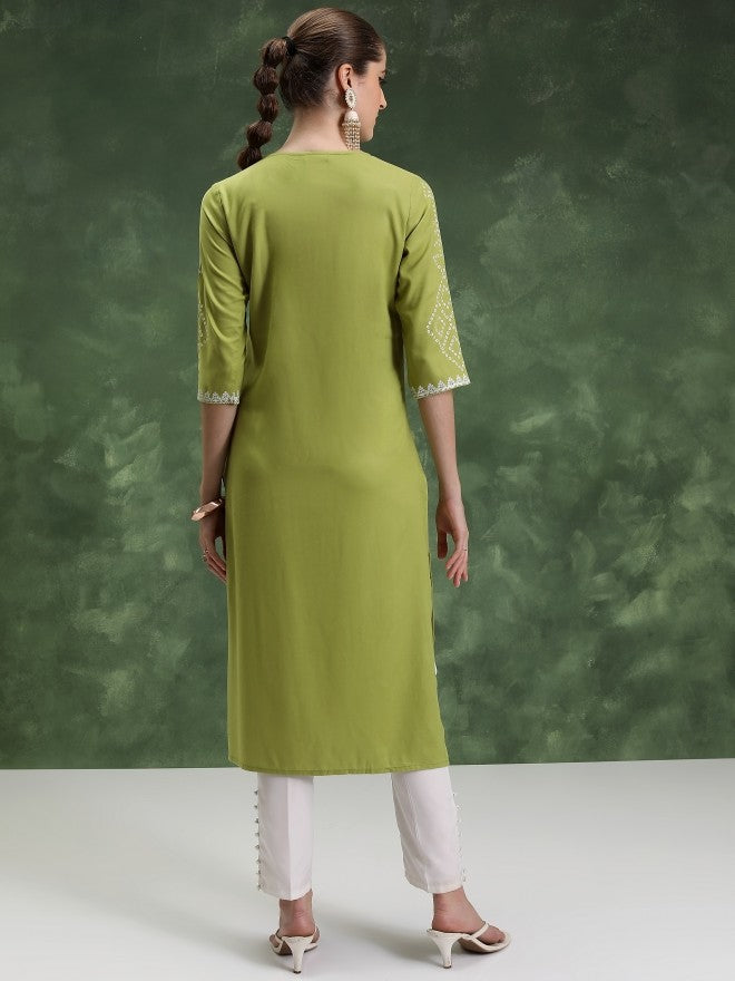 Vishudh Women Green Printed Straight Kurta - Green - Image 3