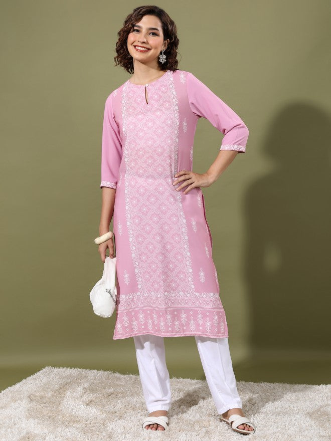 Vishudh Women Pink Printed Straight Kurta - Pink - Image 1