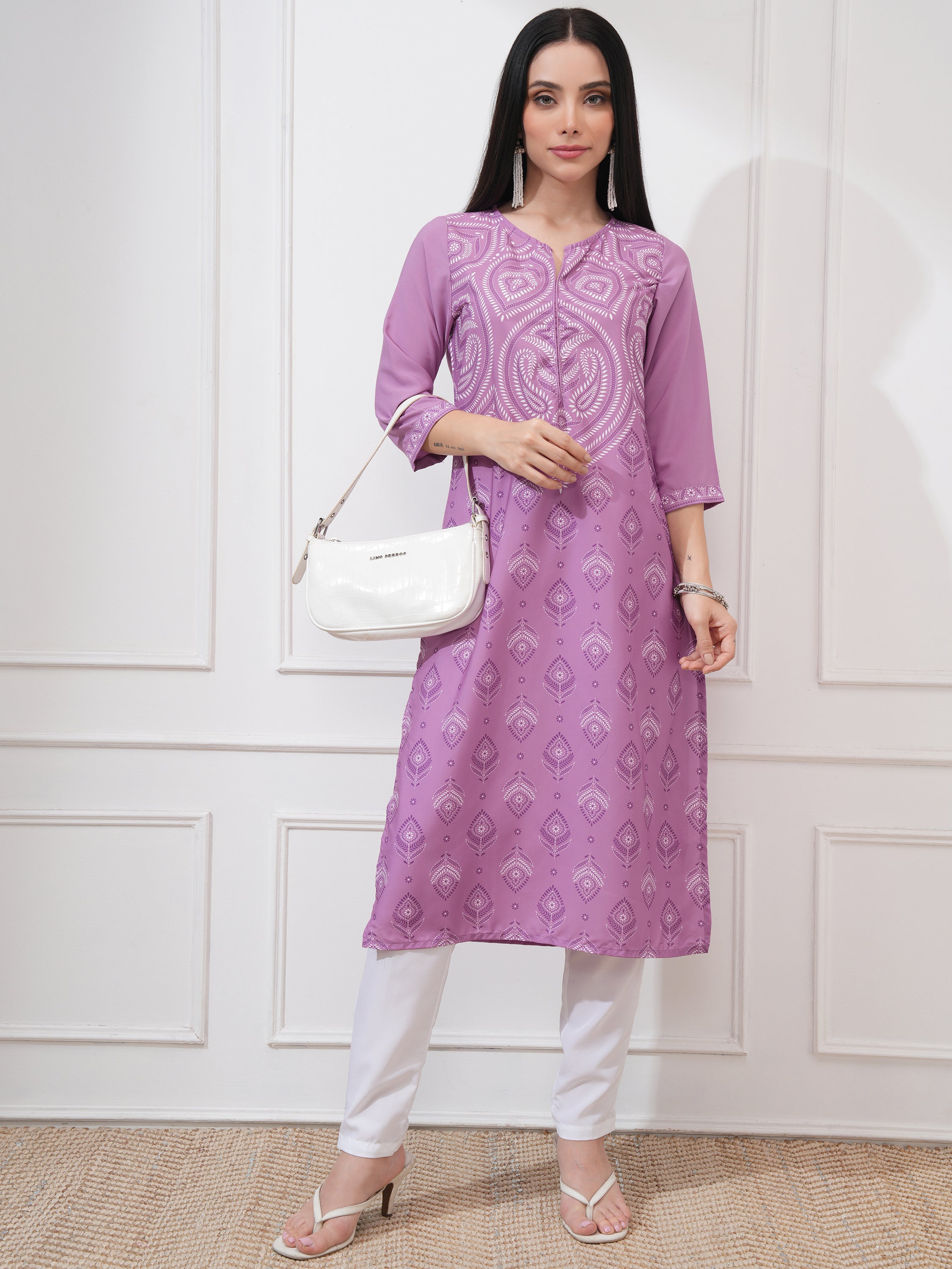 Vishudh Women Purple Printed Straight Kurta - Purple - Image 2