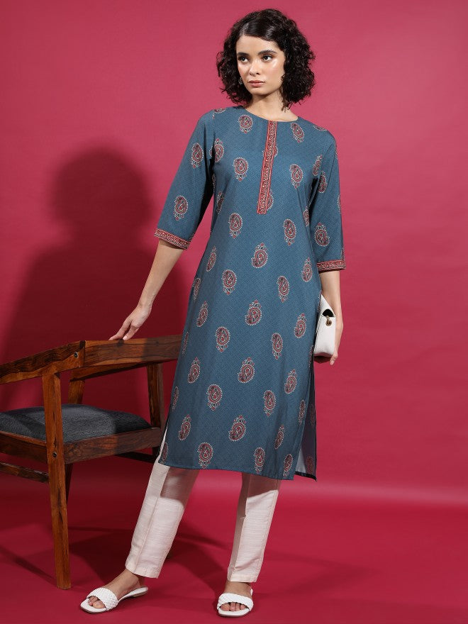 Vishudh Women Blue Printed Straight Kurta - Blue - Image 1