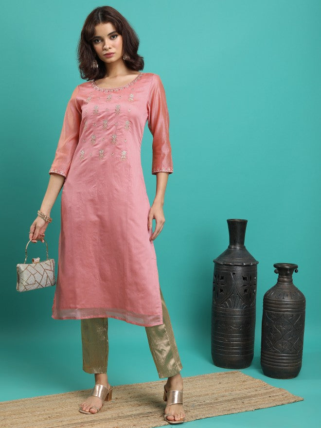 Vishudh Women Peach Embroidered Straight Kurta - Peach - Image 1