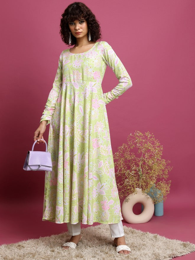 Vishudh Women Green Printed A-Line Kurta - Green - Image 1