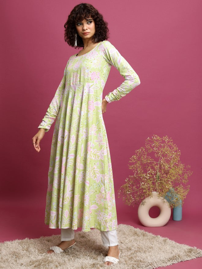 Vishudh Women Green Printed A-Line Kurta - Green - Image 2