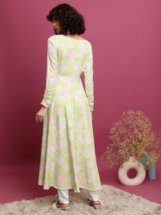 Vishudh Women Green Printed A-Line Kurta - Green - Image 3
