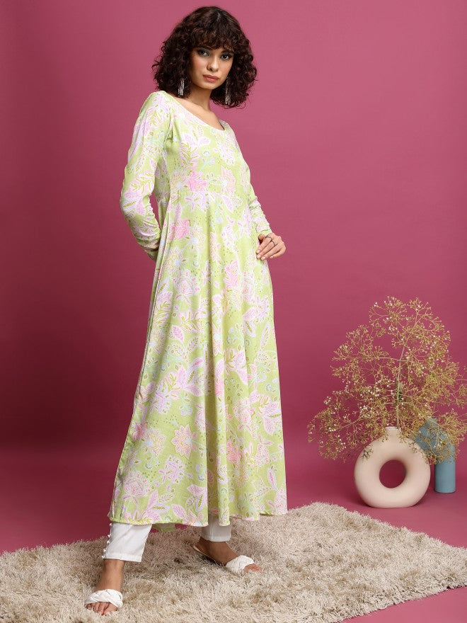 Vishudh Women Green Printed A-Line Kurta - Green - Image 4