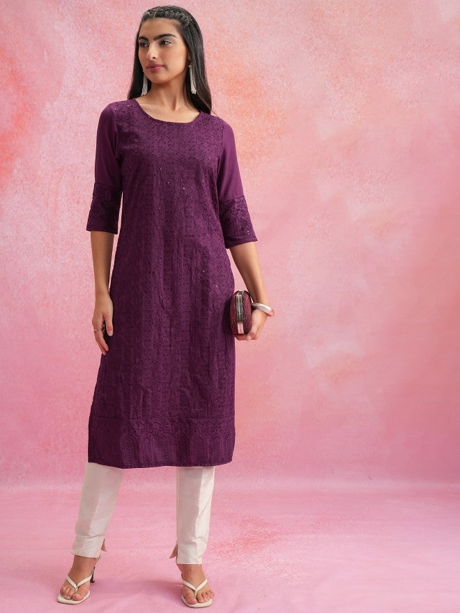 Vishudh Women Purple Embroidered Straight Kurta - Purple - Image 1