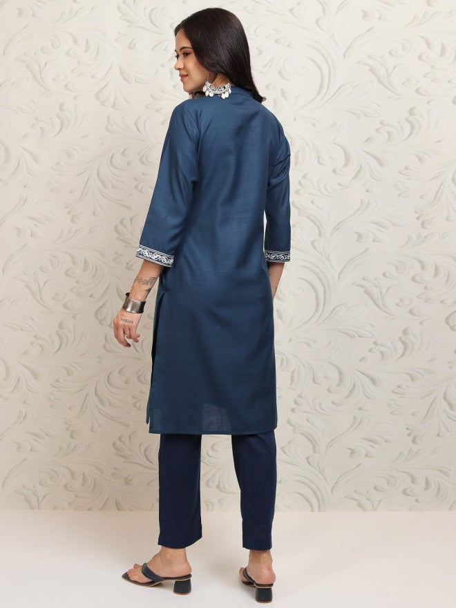 Vishudh Women Blue Embroidered Straight Kurta - Blue - Image 3