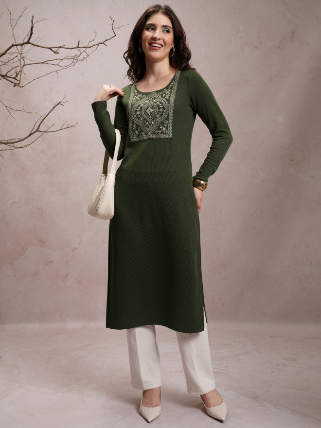 Vishudh Women Green Embroidered Straight Kurta - Green - Image 1
